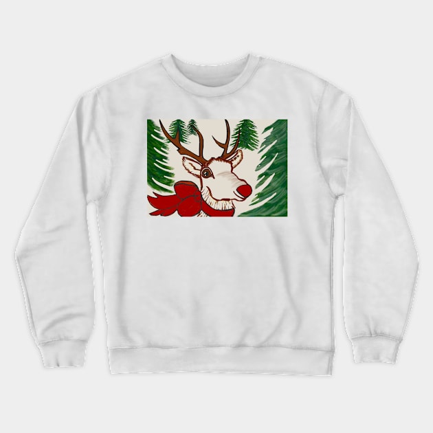 Red nosed reindeer in the woods Crewneck Sweatshirt by MJDiesl